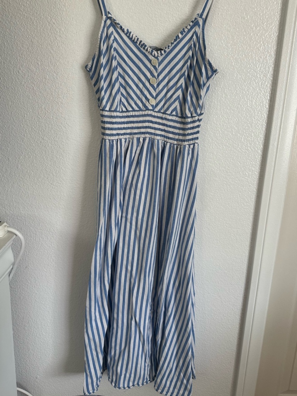 Zara Blue and White Striped Midi Dress with Smocked Waist Medium to Large